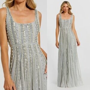 Mac Duggal Green Scoop Neck A-Line Gown With Striped Beading $698 - Size 6